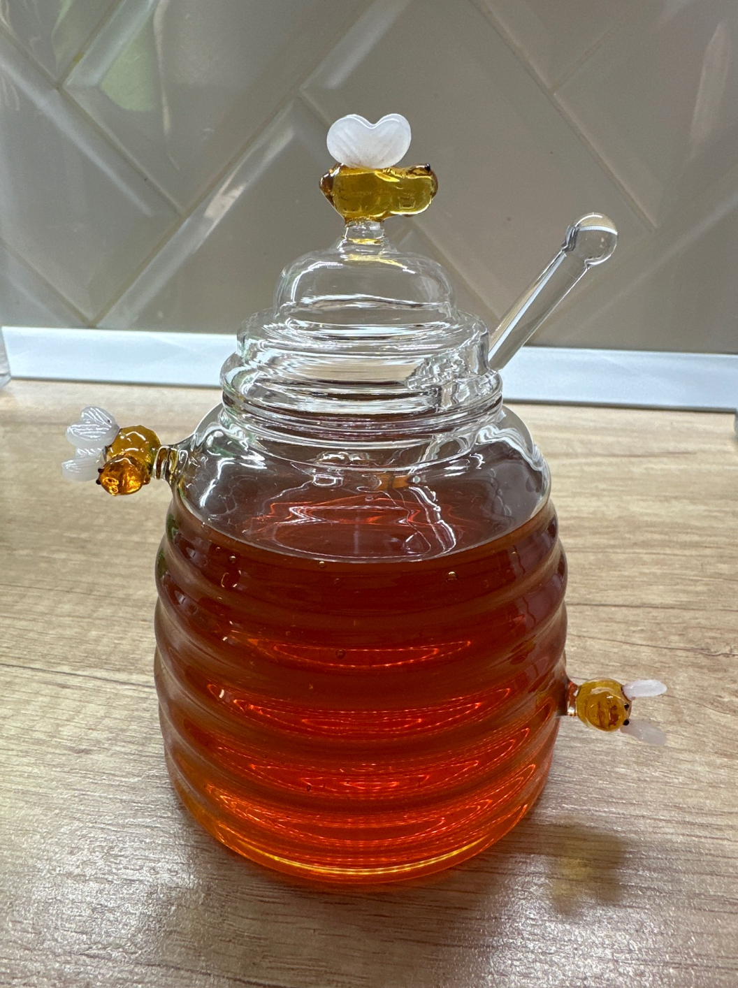Glass Honey Bottle Honeycomb Bee Container with Dipper and Lid
