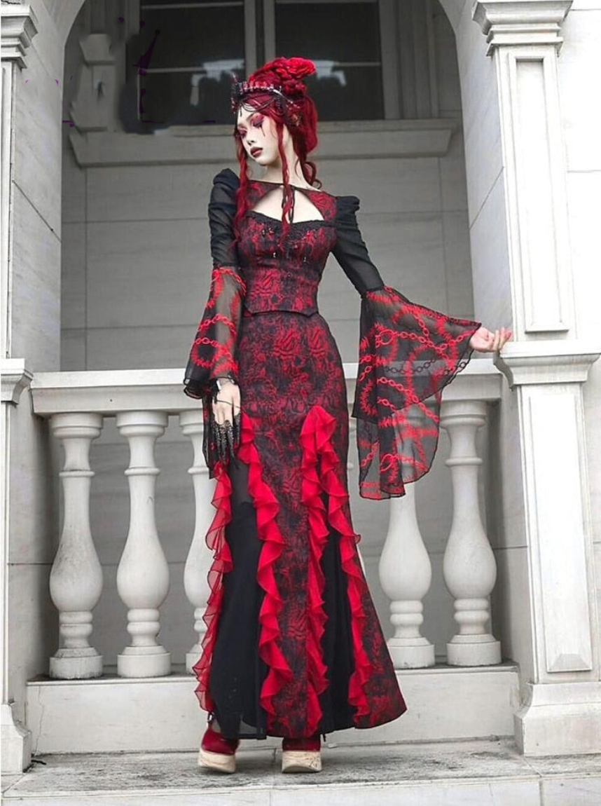 Red Gothic Embossed Jacquard Lace Top & Skirt