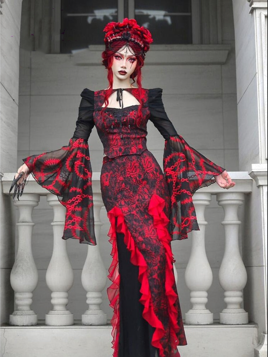 Red Gothic Embossed Jacquard Lace Top & Skirt