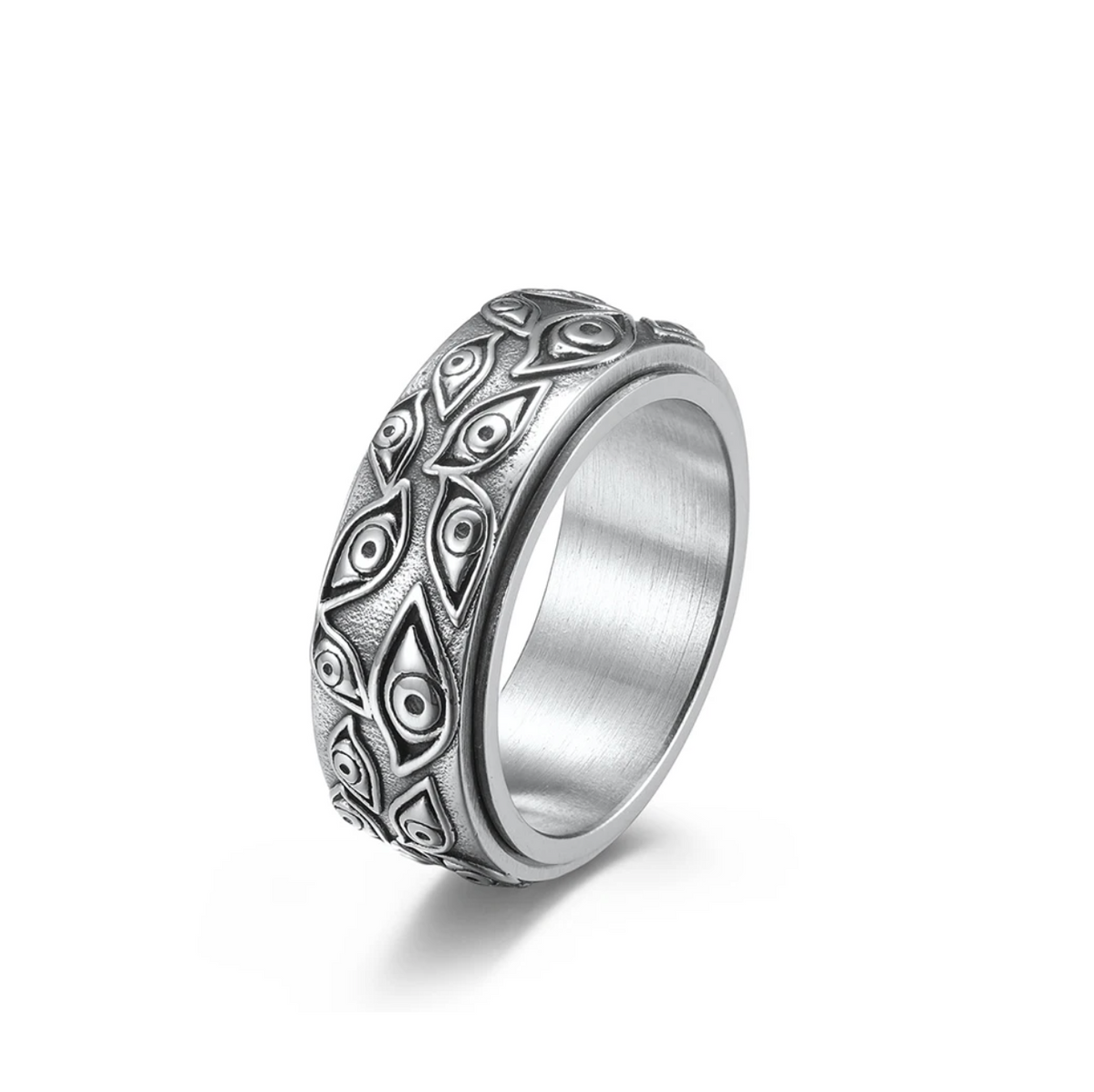 Japanese Mythology Carved Eyes Stainless Steel Rotatable Ring Anxiety Fidget Turning Ring