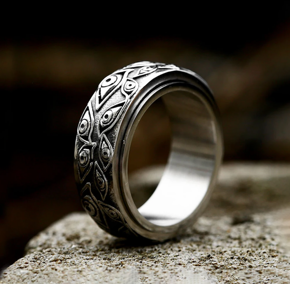 Japanese Mythology Carved Eyes Stainless Steel Rotatable Ring Anxiety Fidget Turning Ring