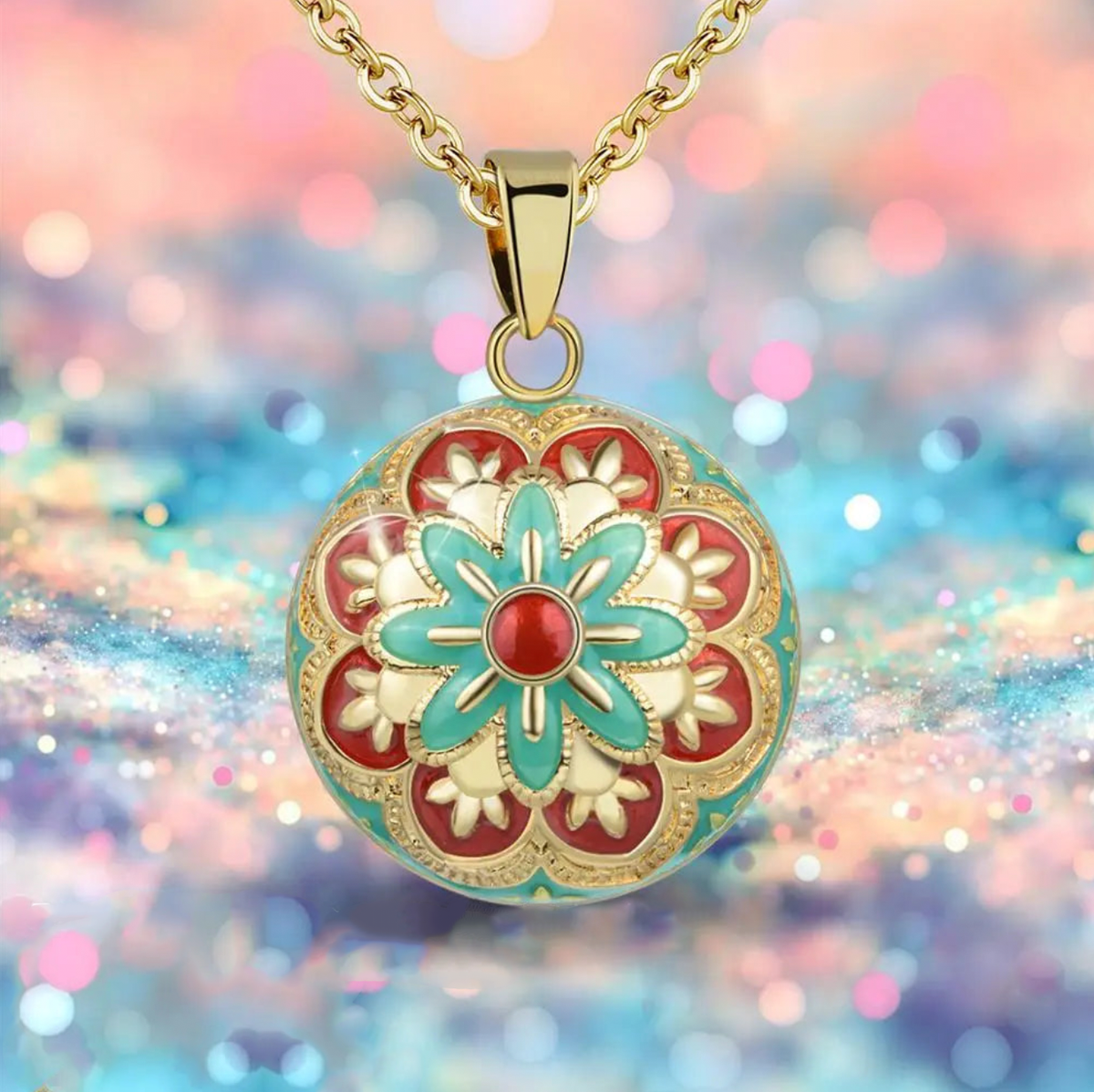 Flower Bell Enamel Harmony Sound Ball Mexican Bola Pendant Necklace