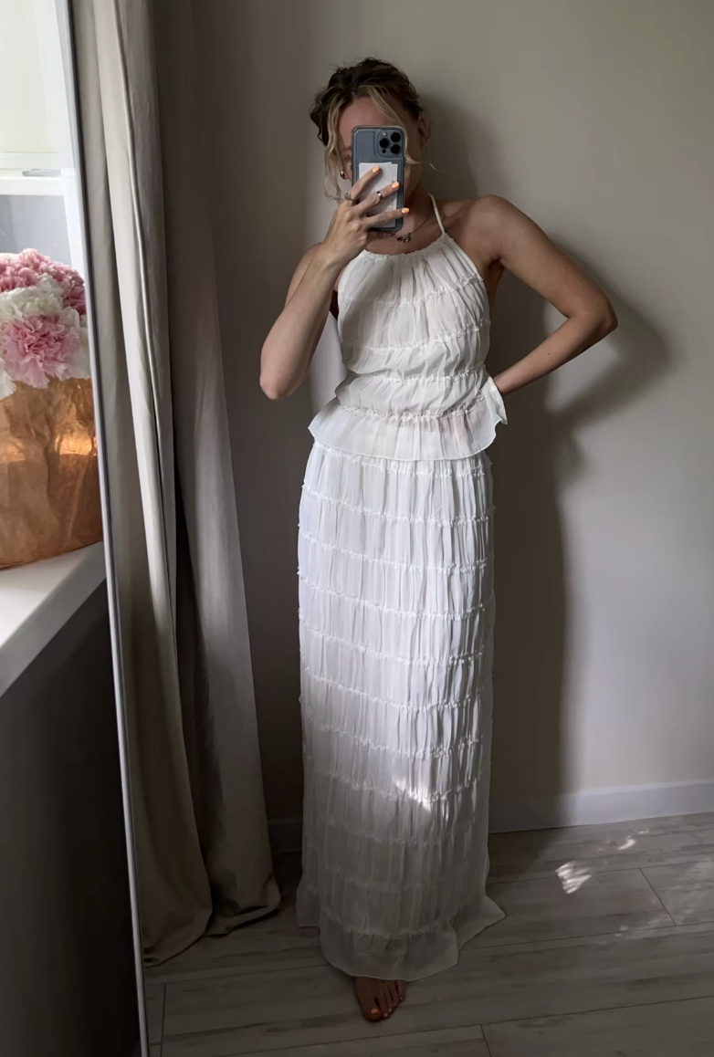 Summer's Ruched Halter Cami Tops + Maxi Skirt 2 Piece Set
