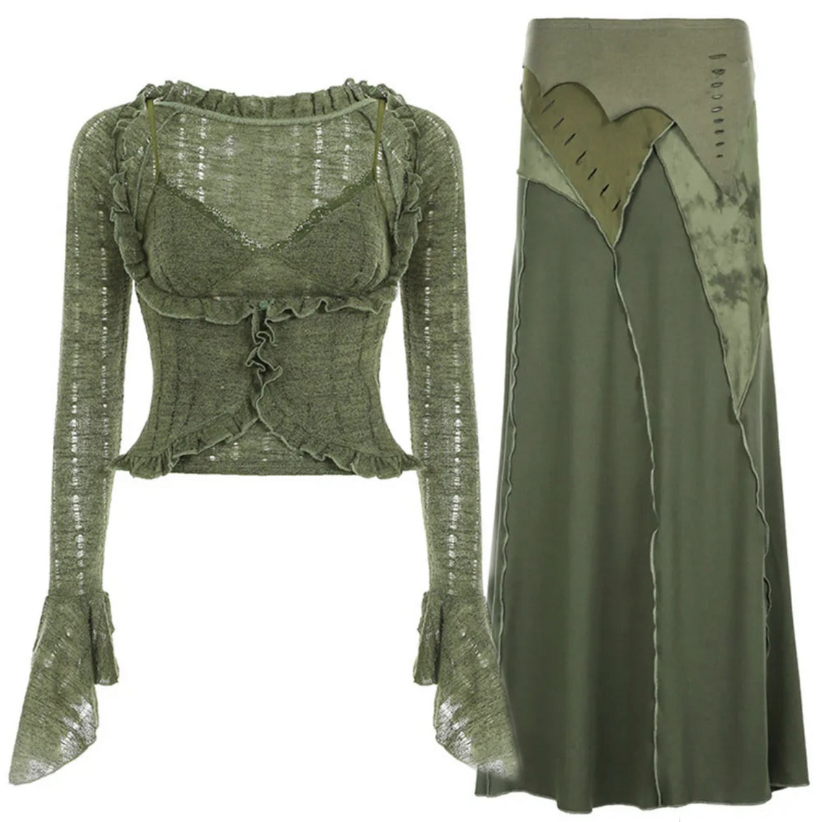 Y2k Dark Green Long Sleeved Ruffle Top Matching Skirt Goblincore