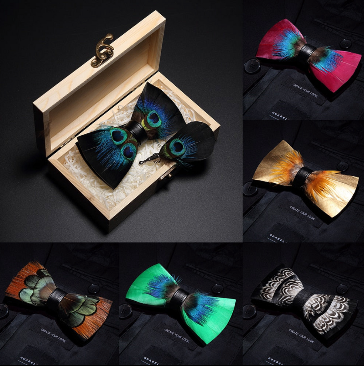 Handmade Woodland Feather Bow Ties & Lapel Pin Gift Box Set
