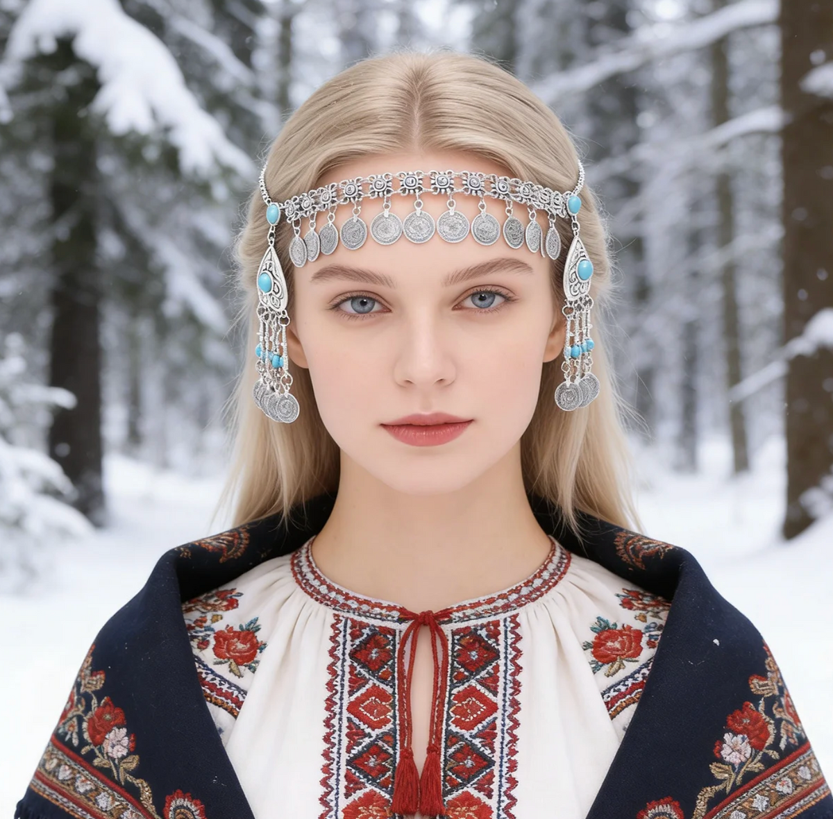 Kazakh Forehead Chain Silver Tassel Headband