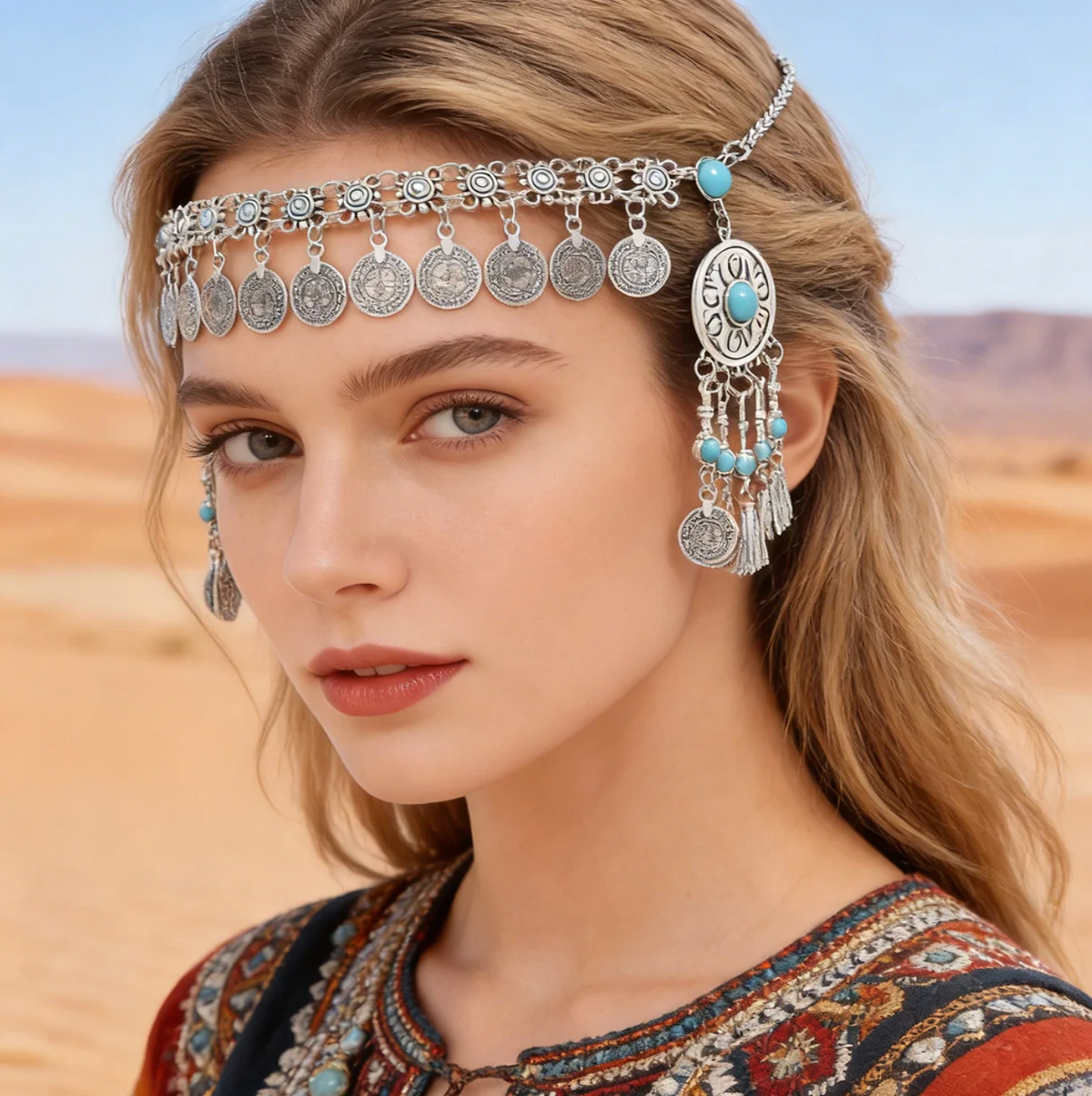 Kazakh Forehead Chain Silver Tassel Headband