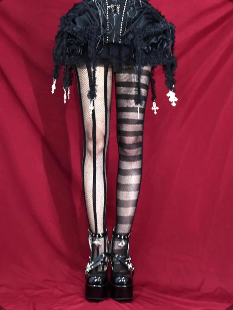 Gothic Dark Punk Pantyhose Goth Lolita Striped AB Asymmetric Fishnet Tights