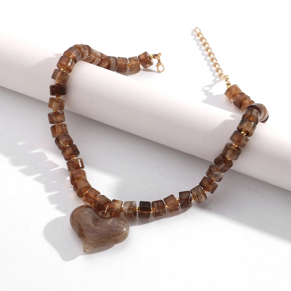Chunky Acrylic Heart Pendant Beaded Choker Necklaces