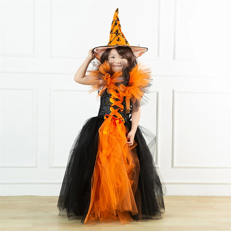 Girls Witch Ghost Vampire Halloween Costume Fluffy Tulle Dress