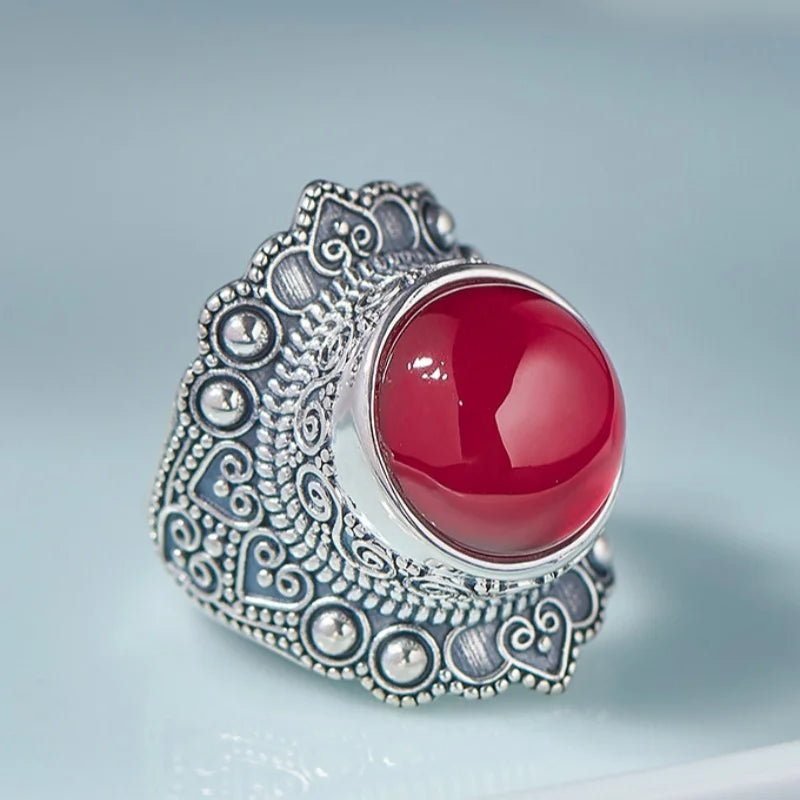 The Sage One's S925 Sterling Silver Rings Ancient Emboss Pattern Corundum