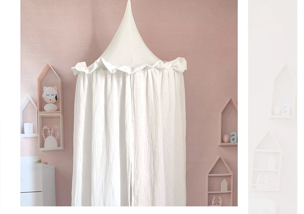 Muslin Cotton Hanging Canopy with Frills Bed Baldachin for Kids Room