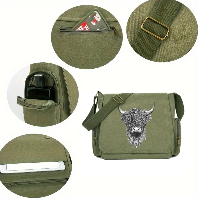 Highland Cow Print Canvas Shoulder Bag Crossbody Messenger Bag