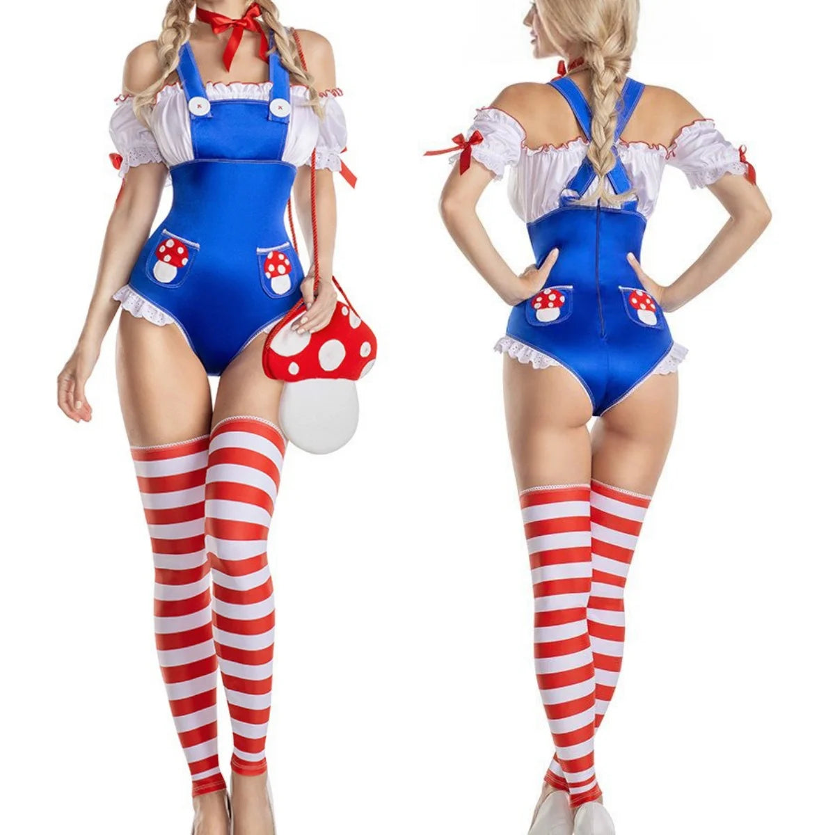Women Mushroom Costumes Romper Jumpsuit Striped Leg Warmers Hat and Choker Halloween Cosplay Outfit