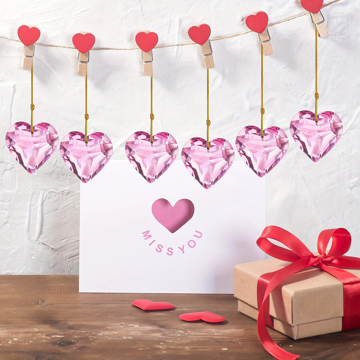 Set of Six Pink Heart-Shaped Crystal Hanging Ornaments