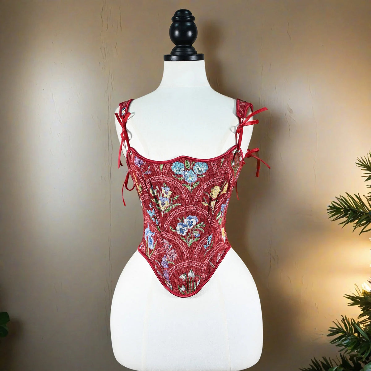 Tapestry Red Corset Overbust Lace Up Bone Bodice