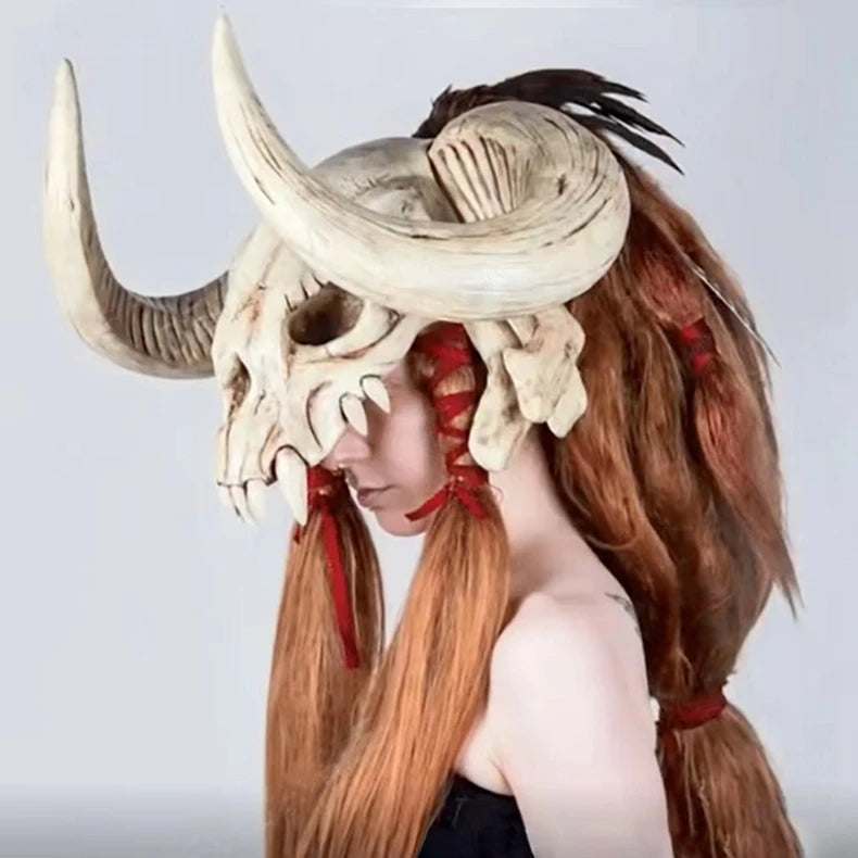 Bull Head Skull Mask Long Horn Totem Helmet Headwear Cosplay Costumes Props Latex Masks