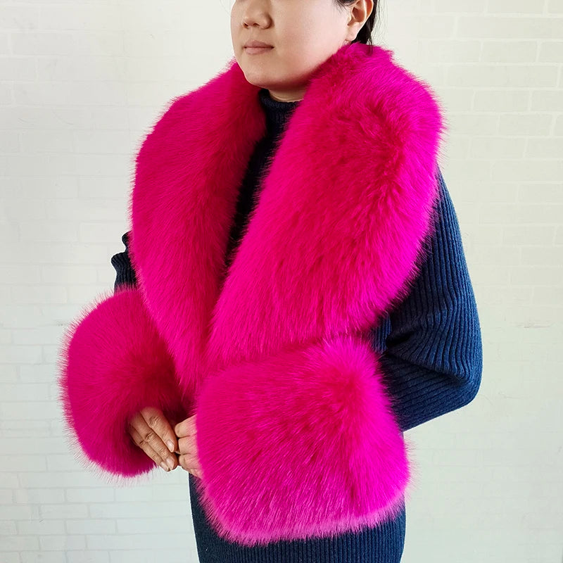Large Faux Fox Fur Scarf Winter Warm Fluffy Collar And Cuff Sets 19 Colours