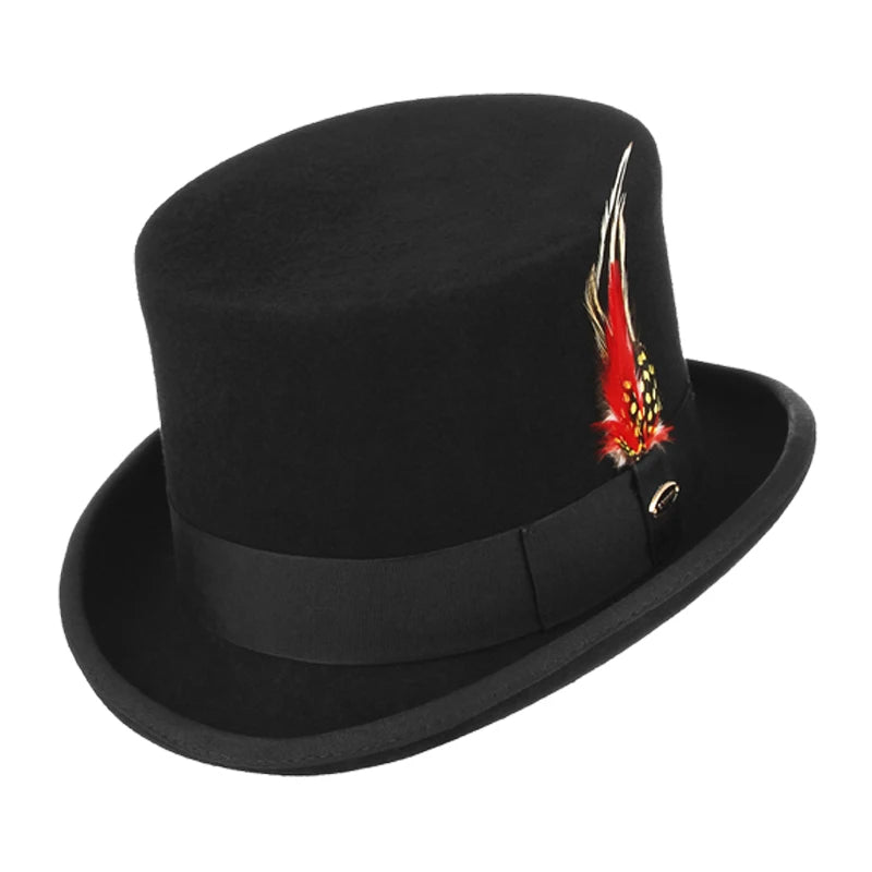 100% Wool Felt Short Top Hat With Feather