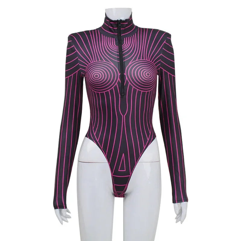 Neon Techy Bodysuit Night Club Festival High Neck Printed Long Sleeve