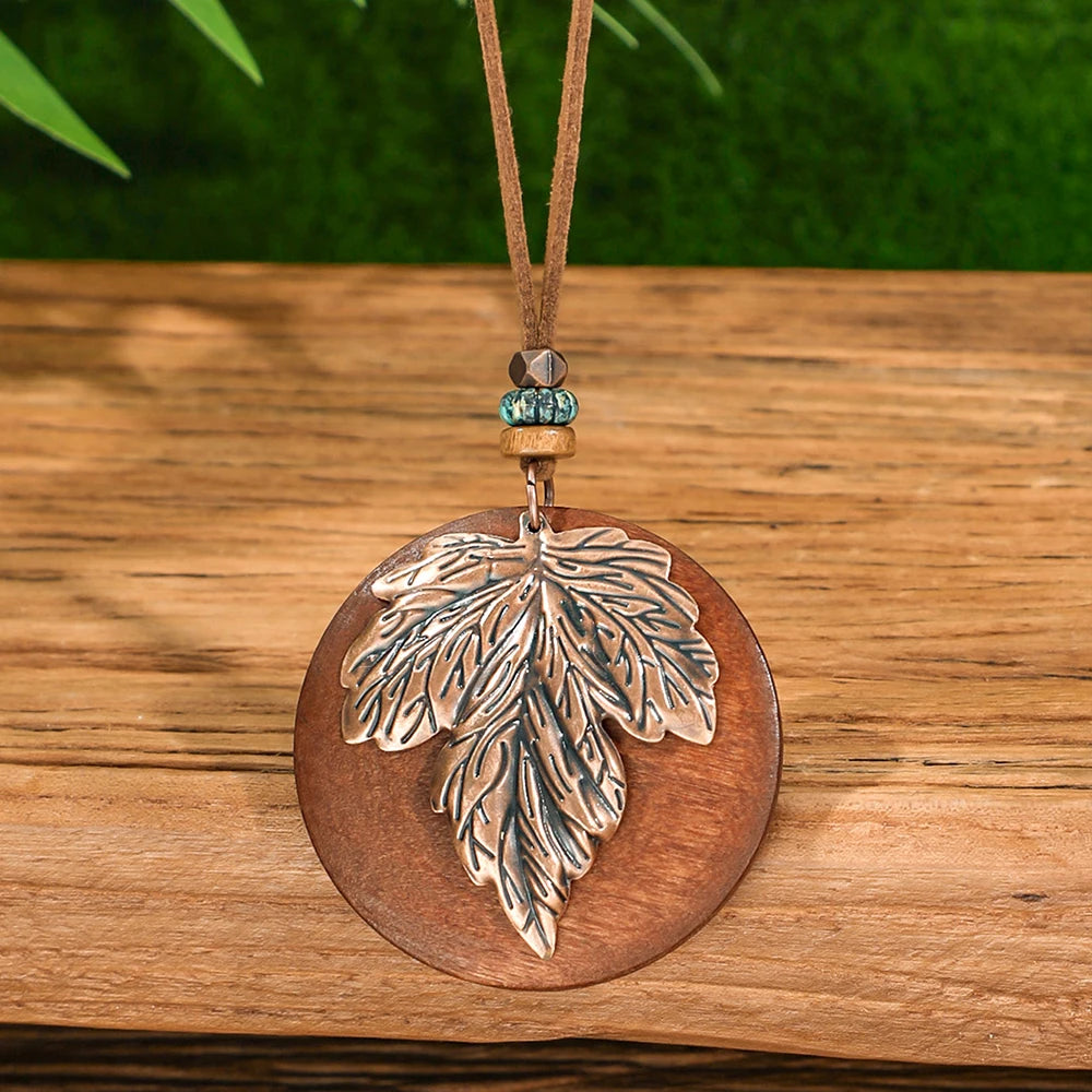 Forest Dweller Boho Leaf PU Leather Pendant Necklace Jewellery Sweater Chain