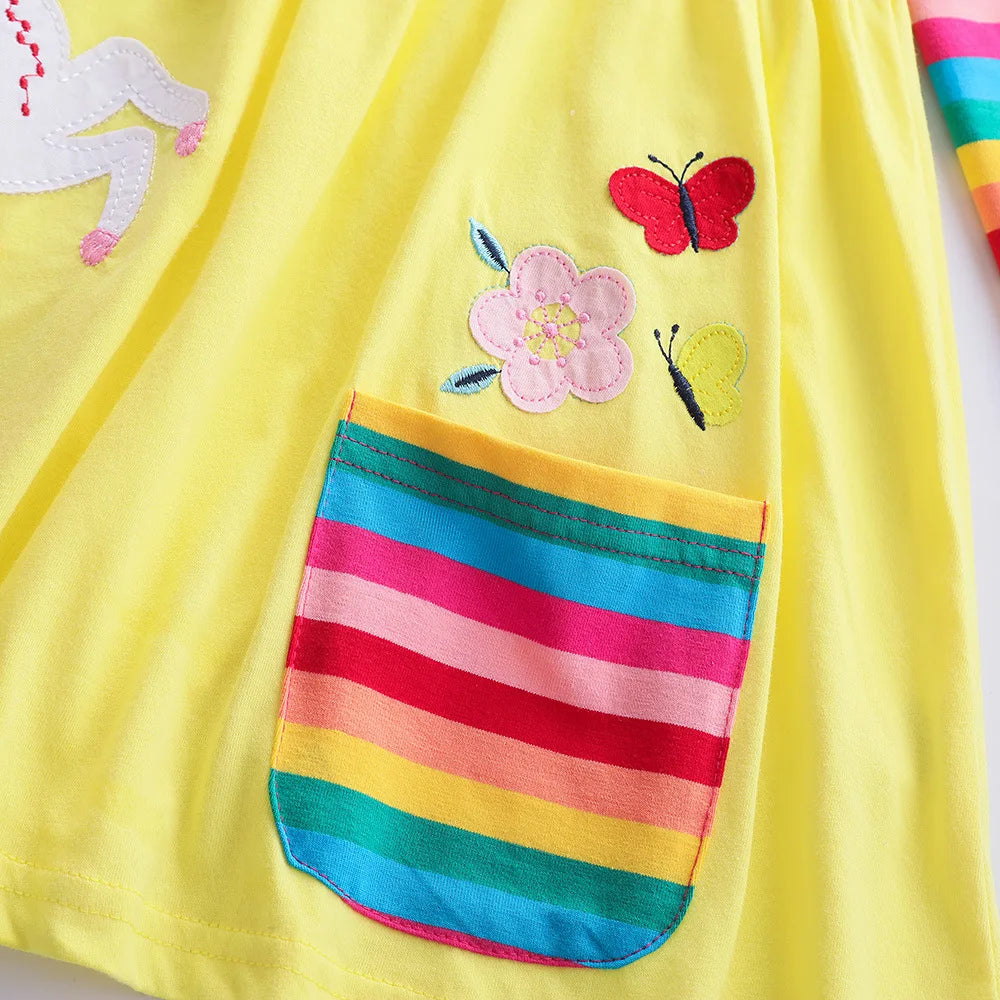 Girls' Long Sleeve Unicorn Dress Two Pockets Rainbow Sleeves