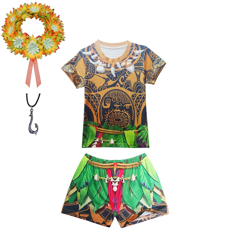 Maui Kids Cosplay 2Pcs Print Moana Boys Swimsuits Top and Shorts Children's Swimwear Book Week Costumes