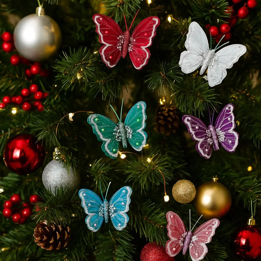 Glitter Christmas Butterflies Ornaments Sparkling Christmas Tree Decorations with Clips