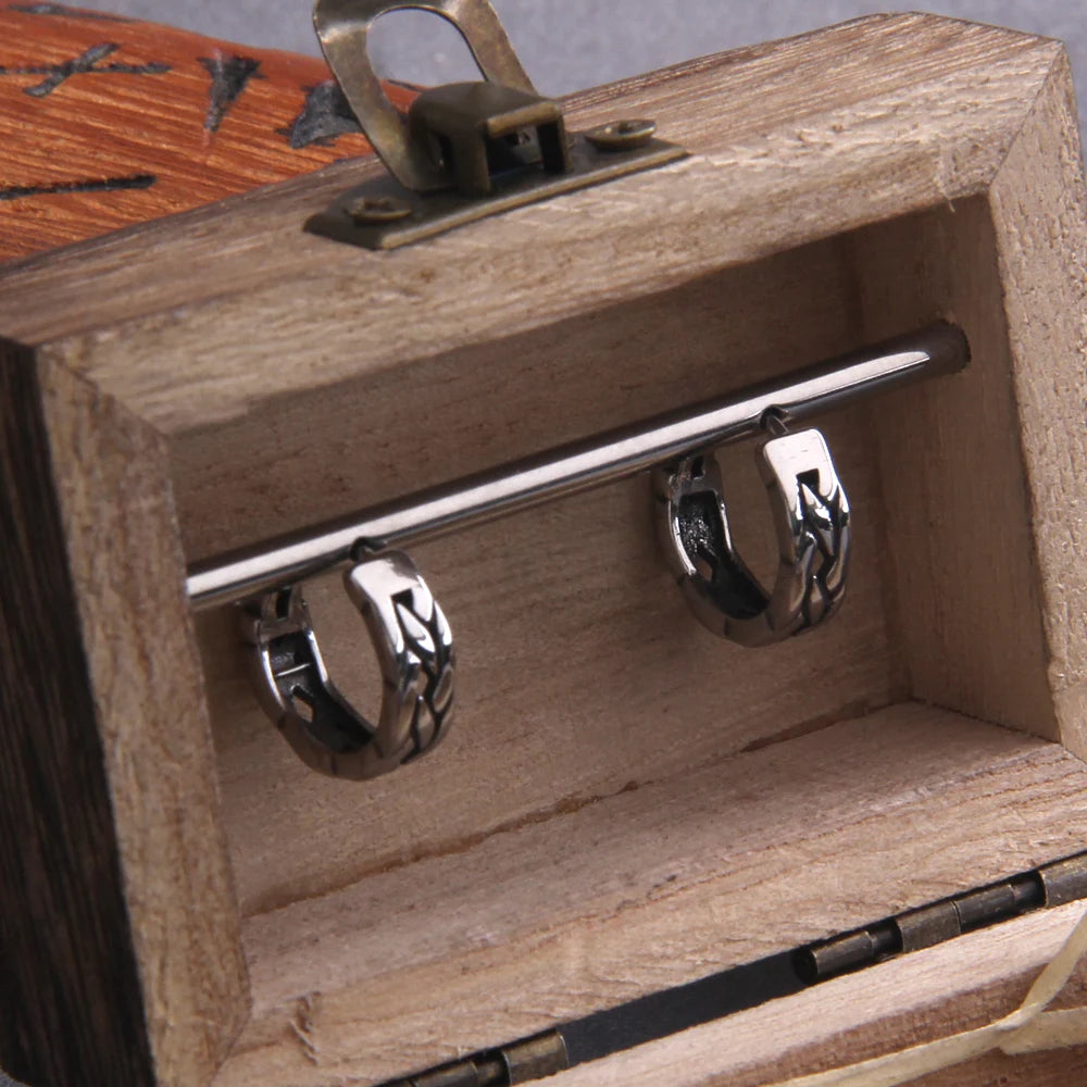 Vikings Braid Stainless Steel Huggie Hoop Earrings for Men with Wooden Box