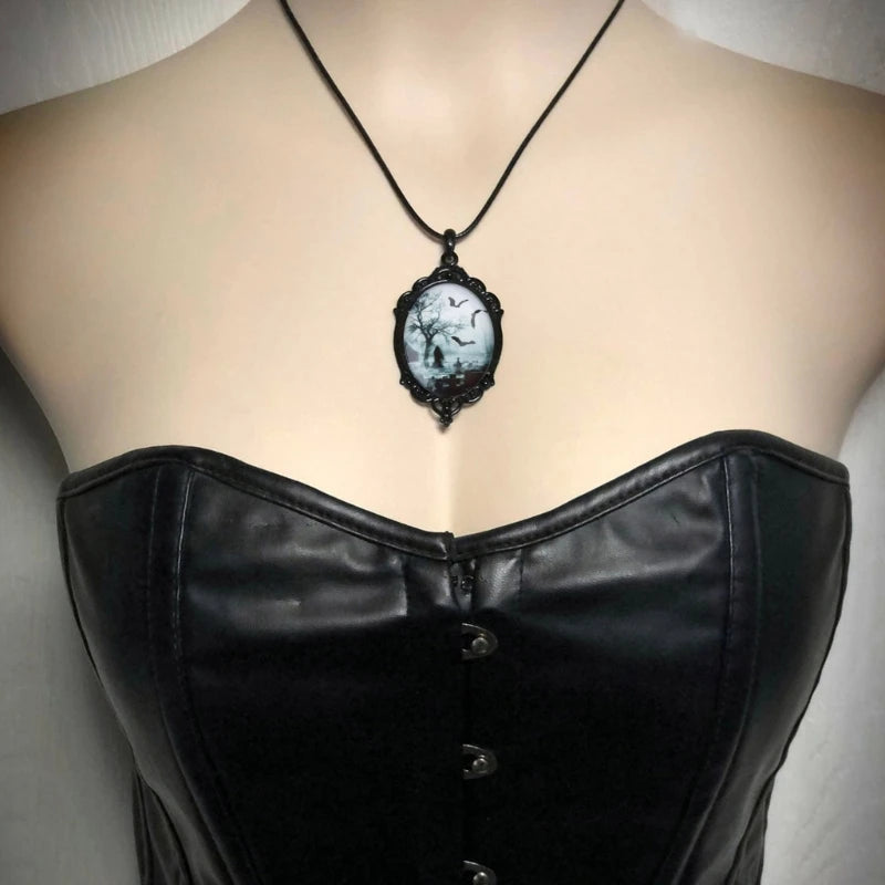 Familiar Black Cat Cameo Necklace Halloween Jewellery