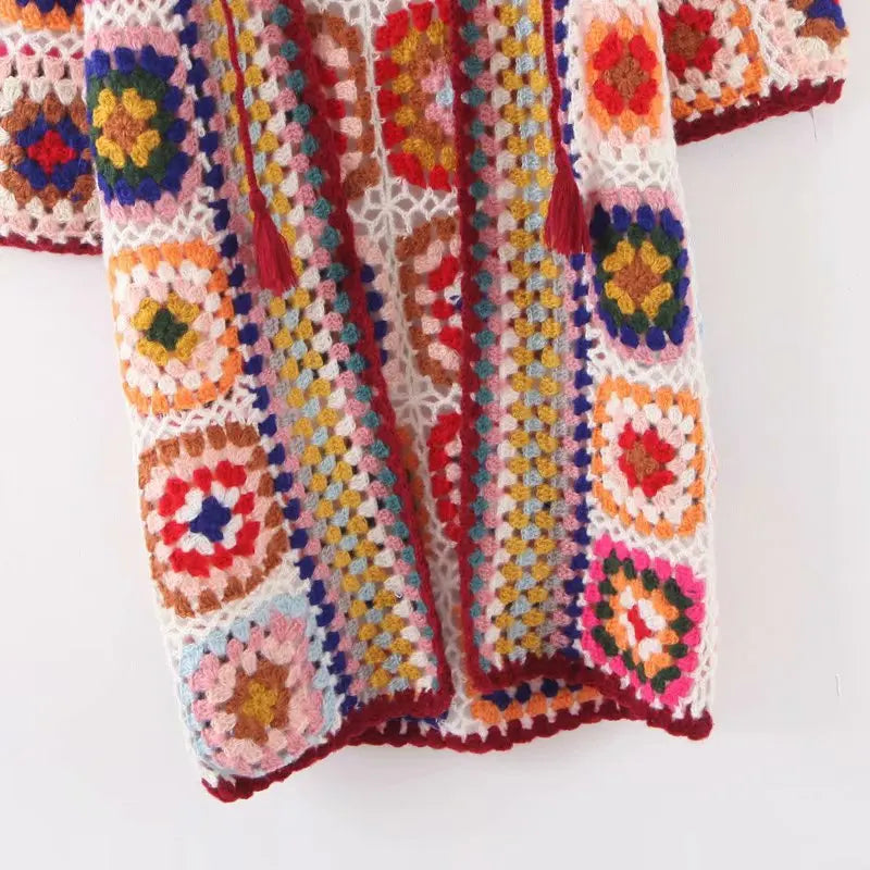 Granny Square Hand Crochet Mohair Hooded Long Cardigan