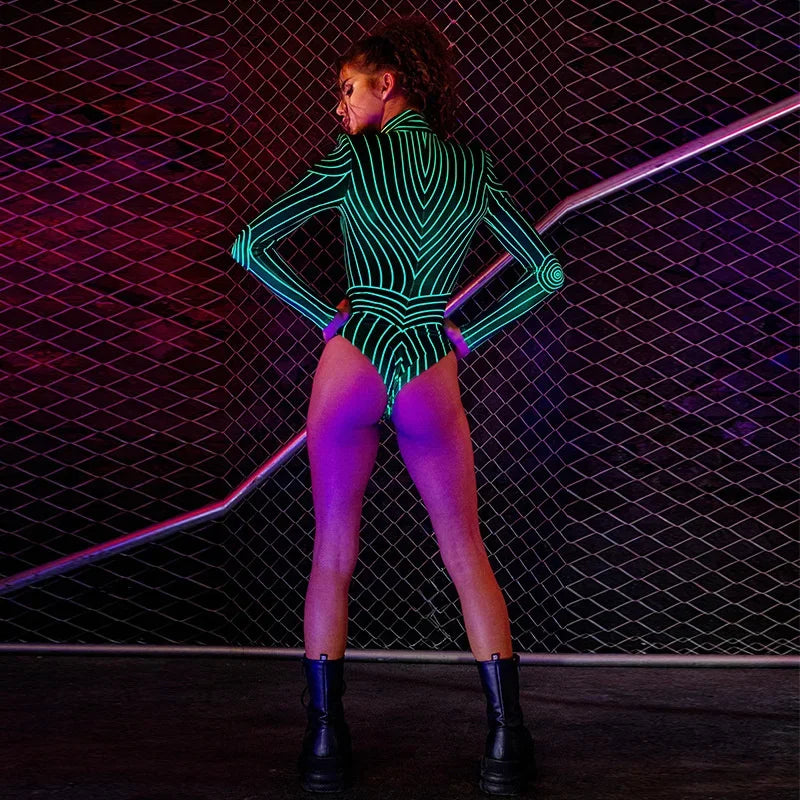 Neon Techy Bodysuit Night Club Festival High Neck Printed Long Sleeve