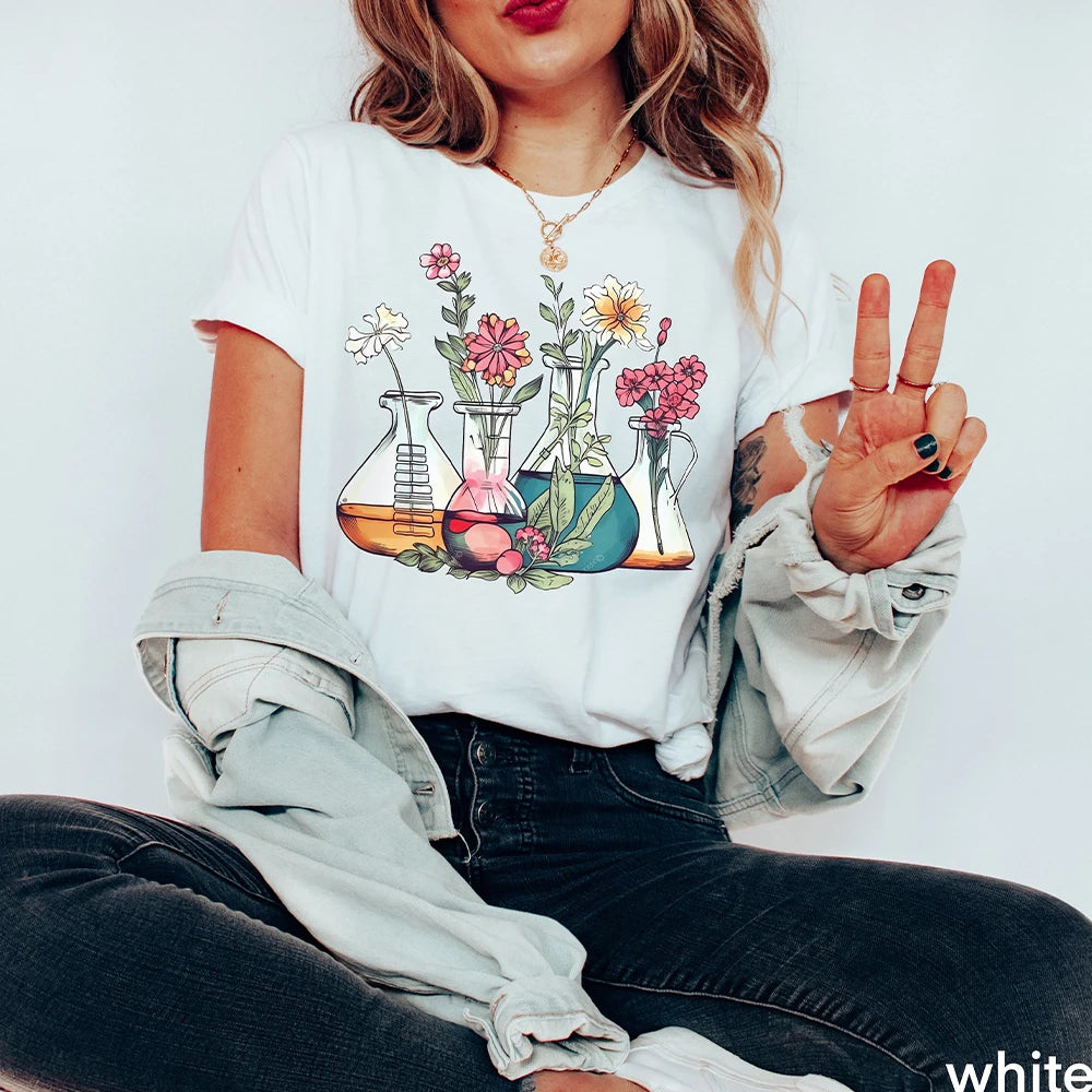 Floral Beakers Chemistry Lab Scientist T-Shirt Biology Teacher Cotton Tee