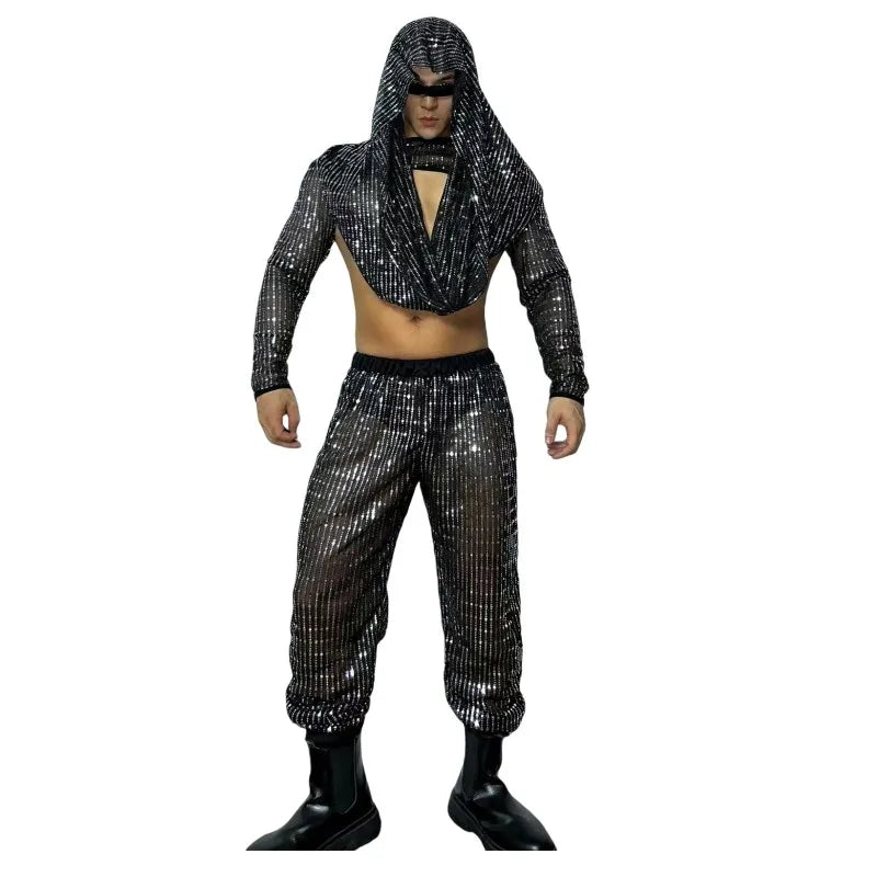Mens Dance Costume Black Sequins Hool Top Pants Bar Nightclub DJ Male Stage Rave Outfit