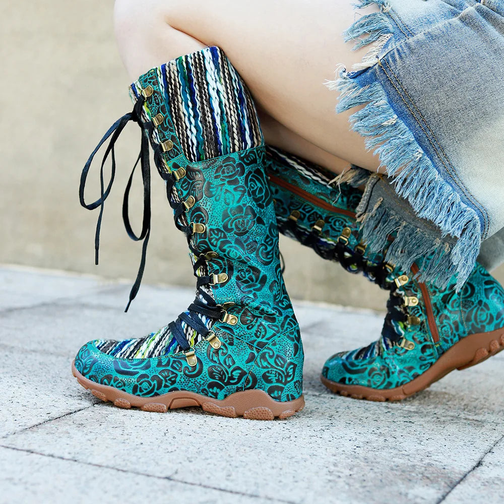 Maria's Genuine Leather Wool Spliced Lacing Comfortable Flat Boots Shoes