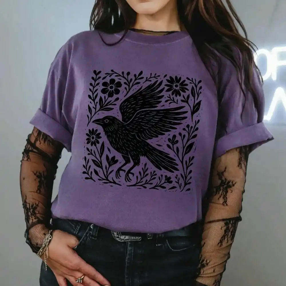 Folklore Crow Lino Print Cotton T-Shirt Folk Art Linocut