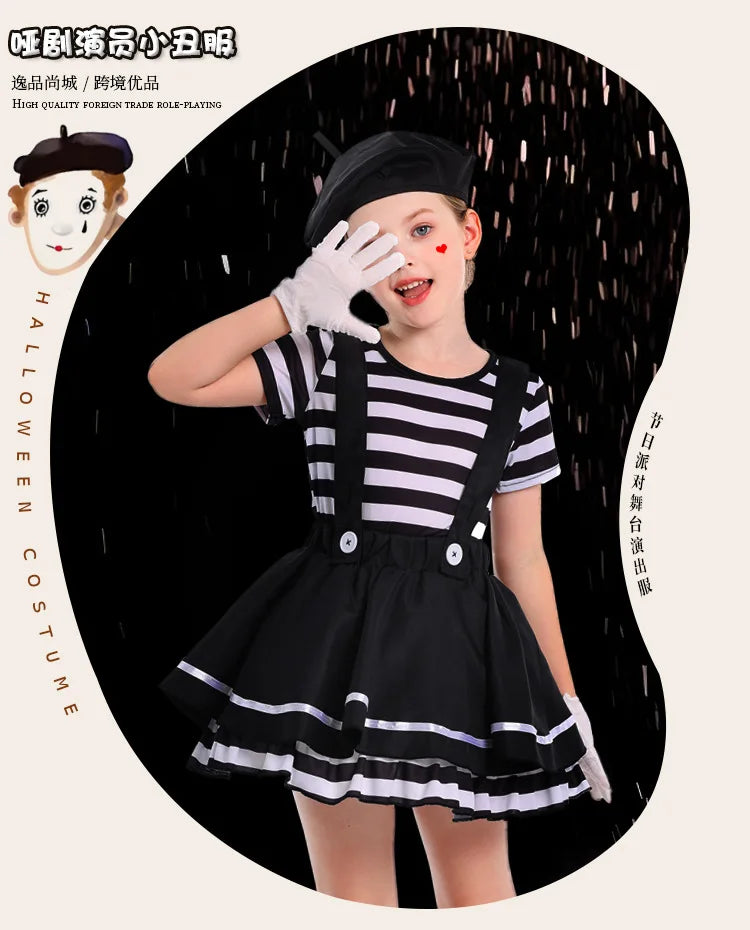 French Mime Pantomime Actor Clown Halloween Girls Stage Performance Costume Outfits Top+Strappy skirt+Hat+Gloves