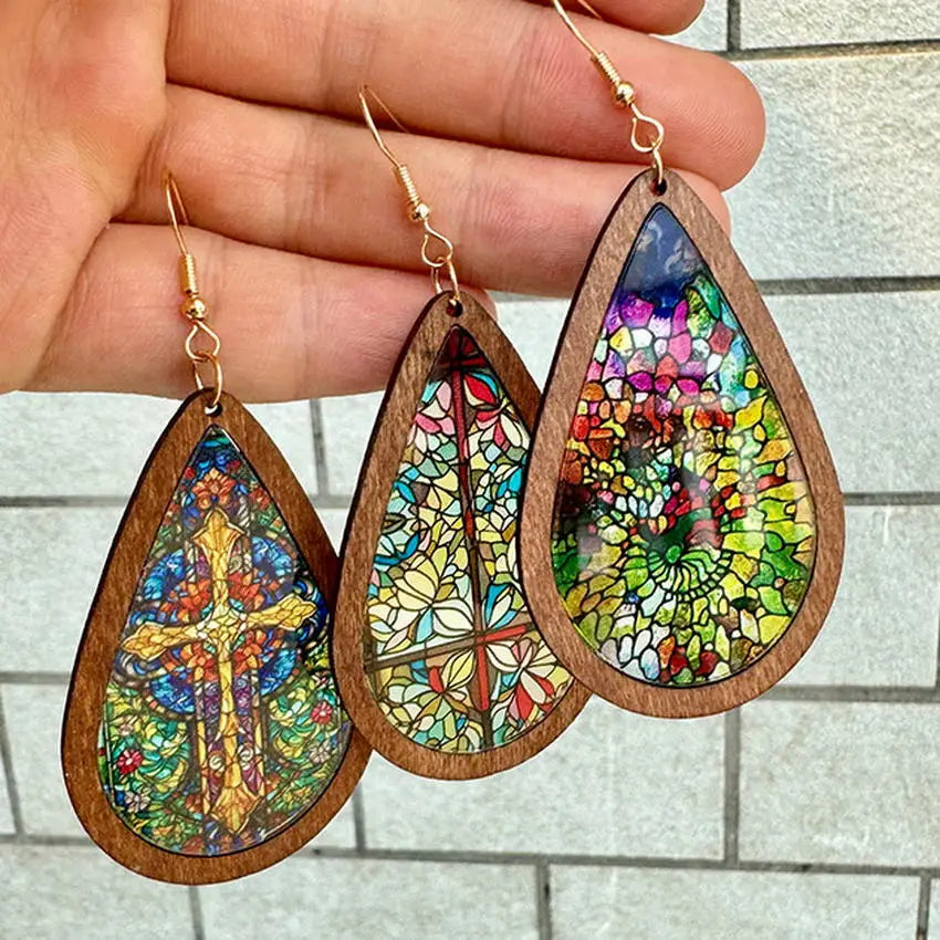 Stained Glass Window Earrings Wood Acrylic Bright Colourful