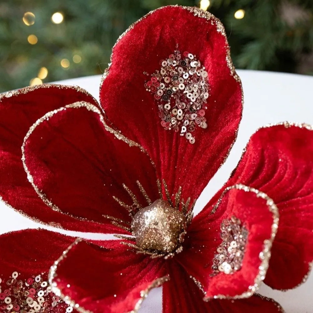 Glitter Christmas Magnolia Artificial Flower Red Gold Handmade Flocking Xmas Decorations