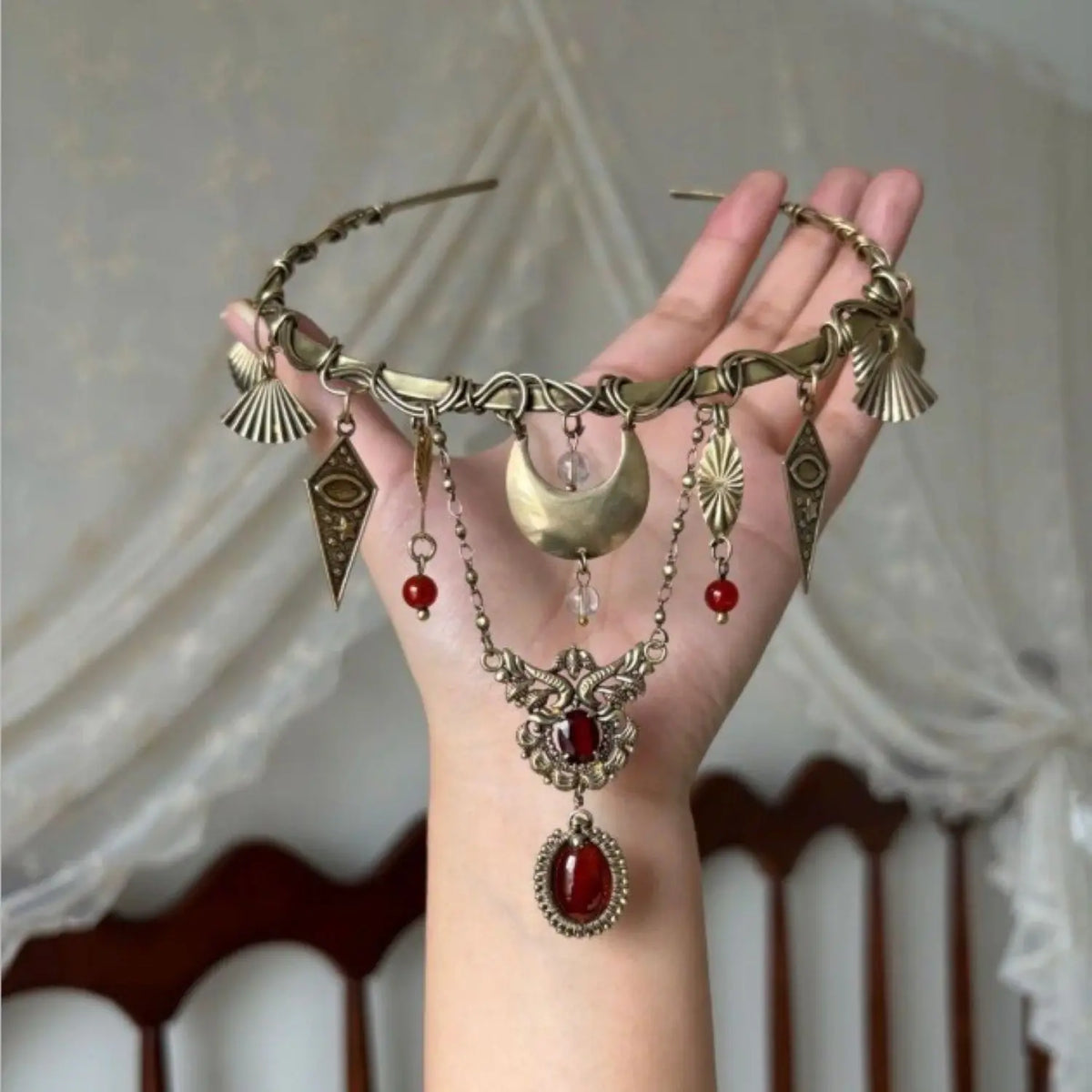 Red Crystal Moon Pagan Goddess Choker Necklace