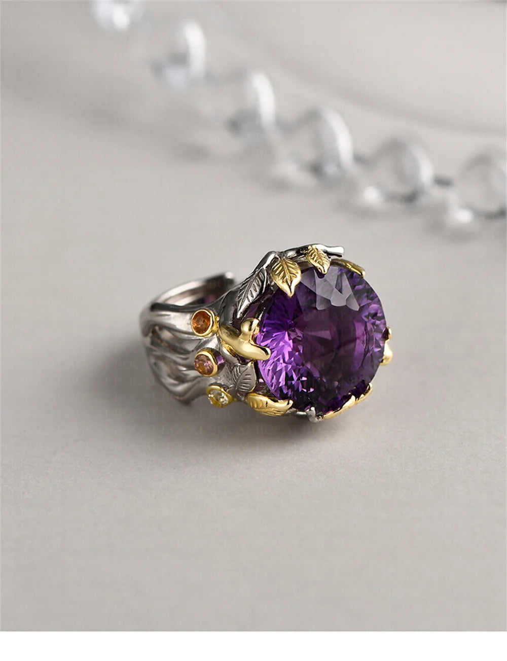 The Weaver's Treasures S925 Sterling Silver Rings Golden Leaves Natural Amethyst Tourmaline