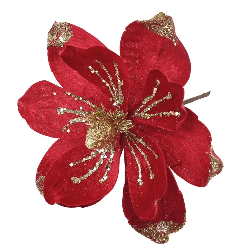 1Pcs 24cm Velvet Artificial Magnolia Christmas Flowers Bouquet Christmas Tree Ornaments Decoration