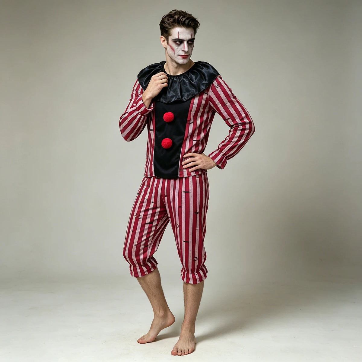 Men's Striped Clown Costume Vintage Circus Joker Cosplay Suits Long Sleeve Tops and Pants Set Halloween Carnivals Outfits