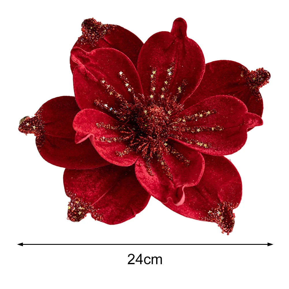 24cm Large Glitter Christmas Flowers Artificial Magnolia Flower Ornament Floral Xmas Tree Decorations