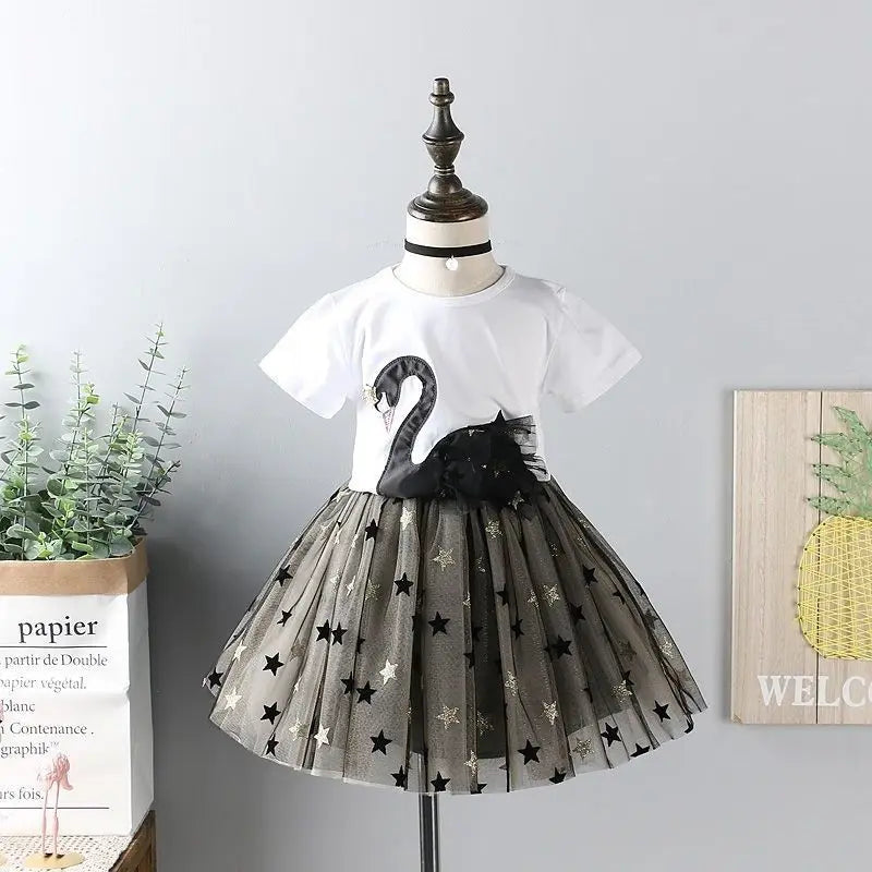 Swan T-Shirt+Sequin Skirts 2Pcs Baby Girls Clothing Sets Cotton Outfits