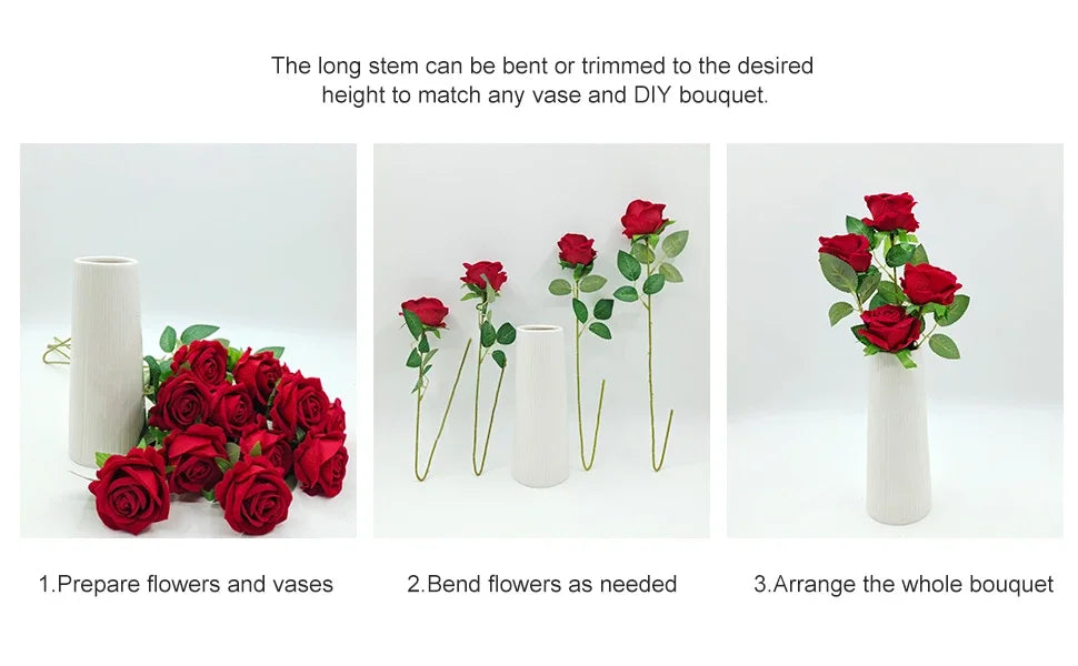 50 Pcs Velvet Roses Artificial Flowers Real Touch Fake Roses Valentine's DIY Wedding Bouquet Home Decor