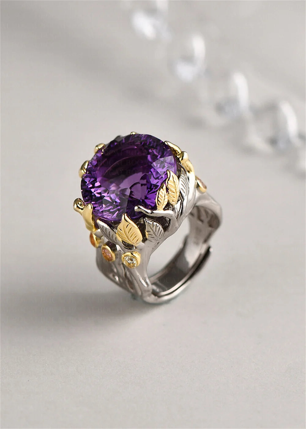 The Weaver's Treasures S925 Sterling Silver Rings Golden Leaves Natural Amethyst Tourmaline