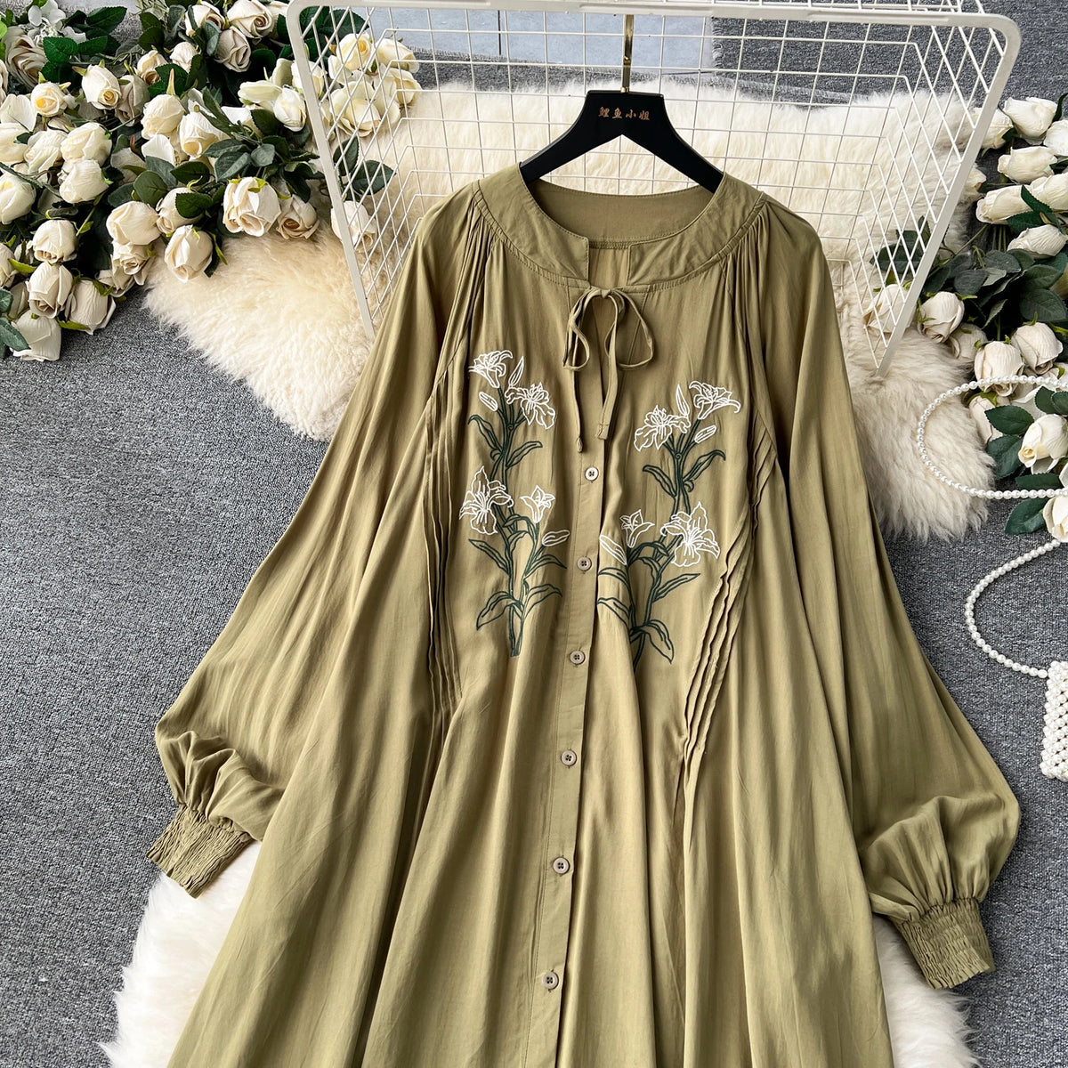 Olive's Embroidered Long Sleeve Shirt Dress