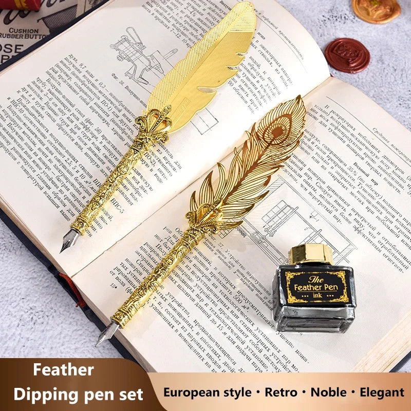 Golden Feather Quill Pens Set Dip Fountain Pens Ink Stationery Writing Gift Box Sets