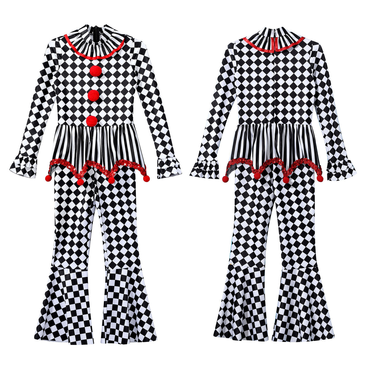 Kids Girls Halloween Harlequin Circus Clown Cosplay Costume Pom Poms Checkerboard Jumpsuit